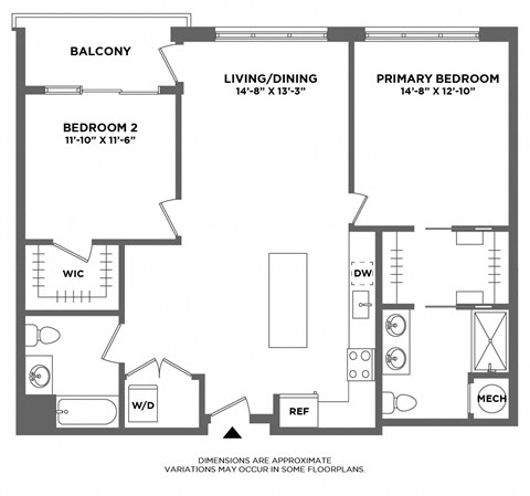 Floor plan for 2 beds, 2 baths, 1180 sqft