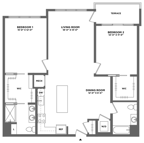 Floor plan for 2 beds, 2 baths, 1318 sqft