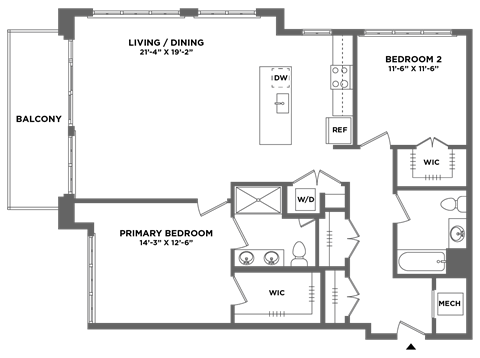 Floor plan for 2 beds, 2 baths, 1368 sqft
