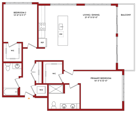 Floor plan for 2 beds, 2 baths, 1380 sqft