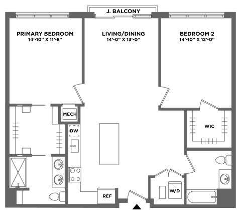 Floor plan for 2 beds, 2 baths, 1198 sqft