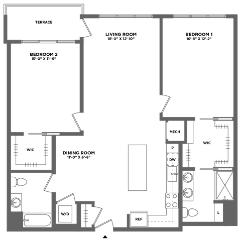 Floor plan for 2 beds, 2 baths, 1343 sqft