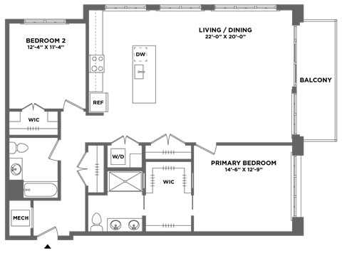 Floor plan for 2 beds, 2 baths, 1448 sqft