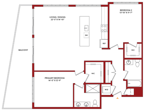 Floor plan for 2 beds, 2 baths, 1400 sqft