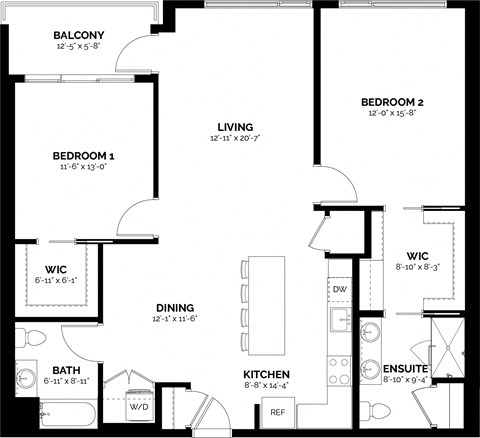 Floor plan for 2 beds, 2 baths, 1147 sqft