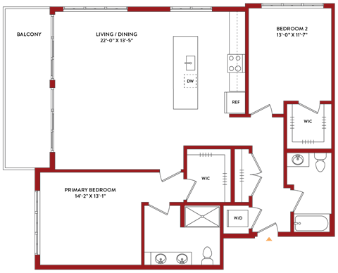 Floor plan for 2 beds, 2 baths, 1440 sqft