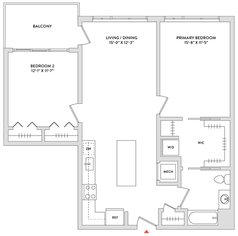 Floor plan for 2 beds, 1 bath, 1053 sqft