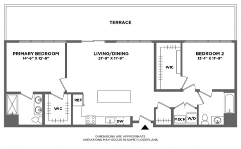 Floor plan for 2 beds, 2 baths, 1223 sqft