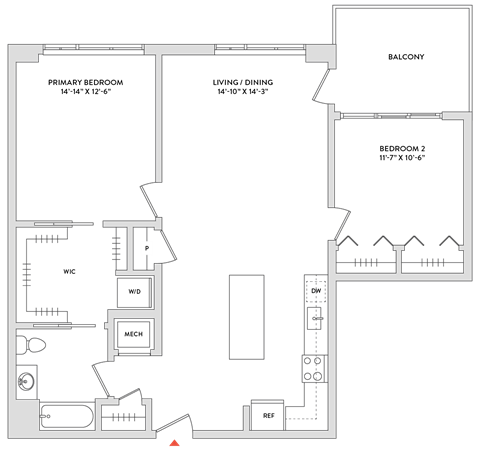 Floor plan for 2 beds, 1 bath, 1162 sqft