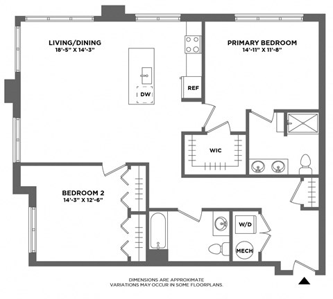 Floor plan for 2 beds, 2 baths, 1319 sqft
