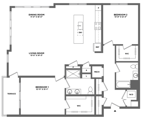 Floor plan for 2 beds, 2 baths, 1663 sqft