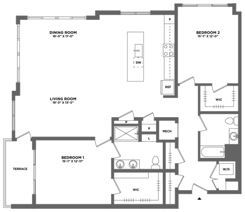 Floor plan for 2 beds, 2 baths, 1673 sqft
