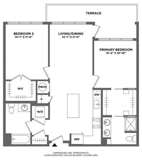 Floor plan for 2 beds, 2 baths, 1041 sqft