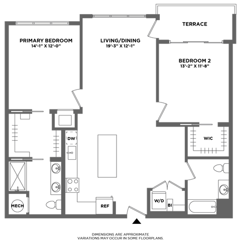 Floor plan for 2 beds, 2 baths, 1198 sqft