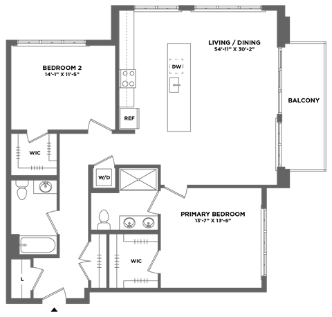 Floor plan for 2 beds, 2 baths, 1285 sqft