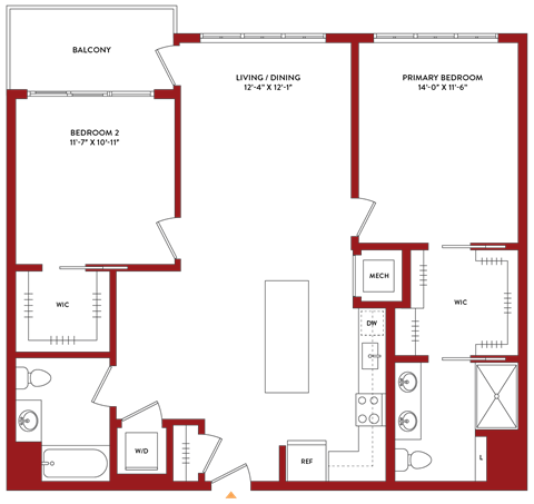 Floor plan for 2 beds, 2 baths, 1150 sqft