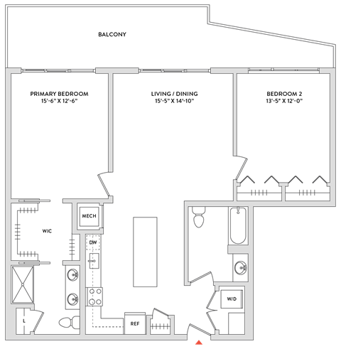 Floor plan for 2 beds, 2 baths, 960 sqft