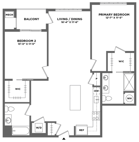 Floor plan for 2 beds, 2 baths, 1168 sqft