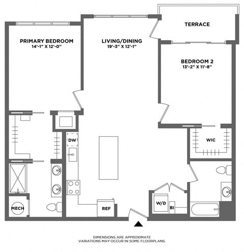 Floor plan for 2 beds, 2 baths, 1198 sqft