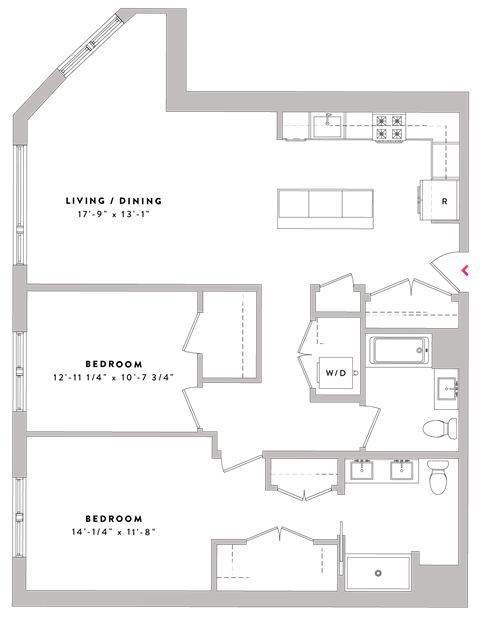 Floor plan for 2 beds, 2 baths, 1303 sqft