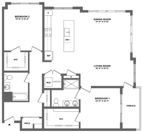 Floor plan for 2 beds, 2 baths, 1560 sqft
