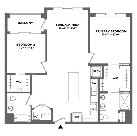 Floor plan for 2 beds, 2 baths, 1236 sqft