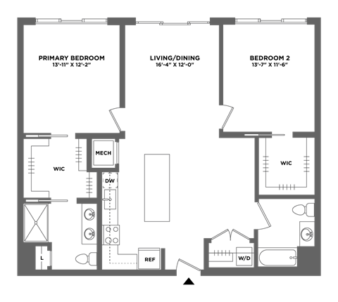 Floor plan for 2 beds, 2 baths, 1221 sqft