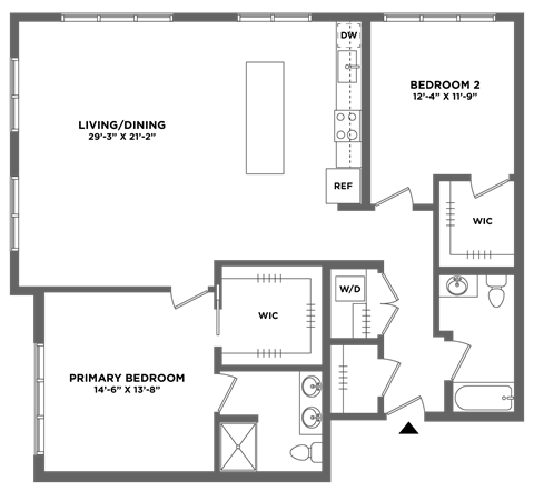 Floor plan for 2 beds, 2 baths, 1427 sqft