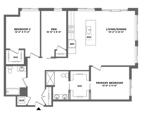 Floor plan for 2 beds, 2 baths, 1557 sqft