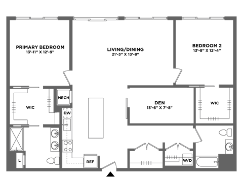 Floor plan for 2 beds, 2 baths, 1556 sqft