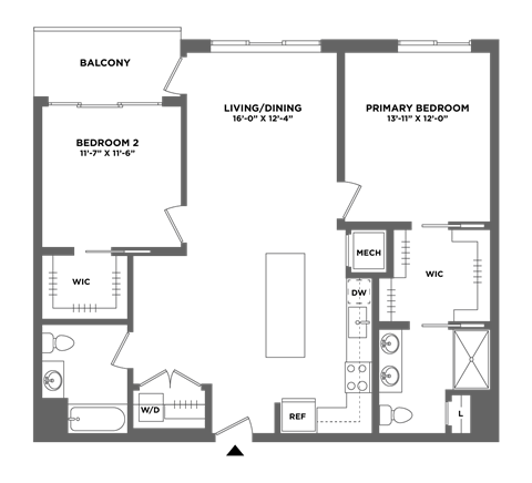 Floor plan for 2 beds, 2 baths, 1151 sqft