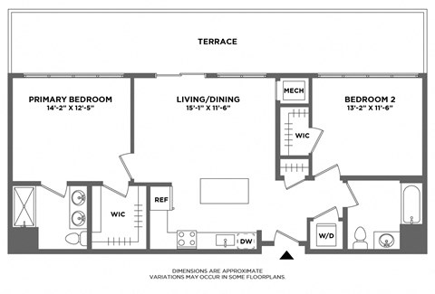 Floor plan for 2 beds, 2 baths, 1054 sqft
