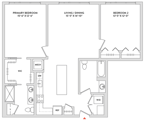 Floor plan for 2 beds, 2 baths, 960 sqft