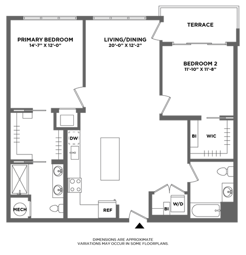 Floor plan for 2 beds, 2 baths, 1210 sqft