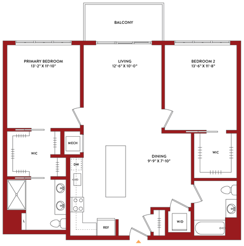 Floor plan for 2 beds, 2 baths, 1180 sqft