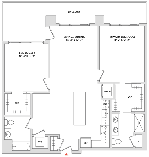 Floor plan for 2 beds, 2 baths, 1261 sqft