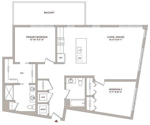Floor plan for 2 beds, 2 baths, 1160 sqft
