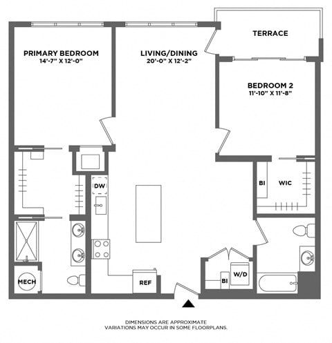 Floor plan for 2 beds, 2 baths, 1210 sqft