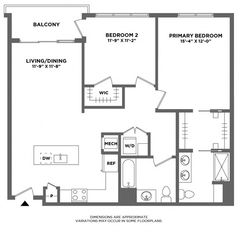 Floor plan for 2 beds, 2 baths, 1113 sqft