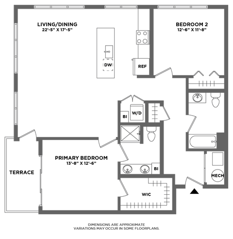 Floor plan for 2 beds, 2 baths, 1241 sqft