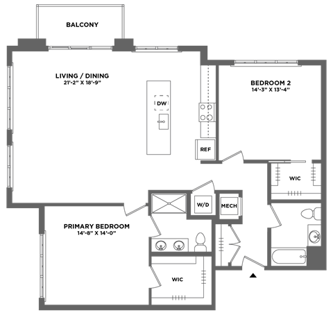 Floor plan for 2 beds, 2 baths, 1464 sqft