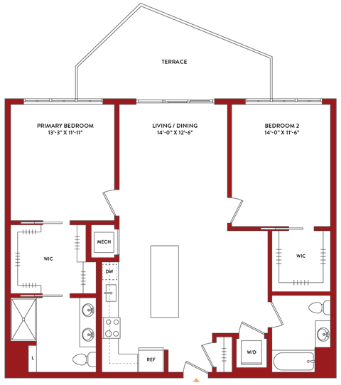 Floor plan for 2 beds, 2 baths, 1199 sqft