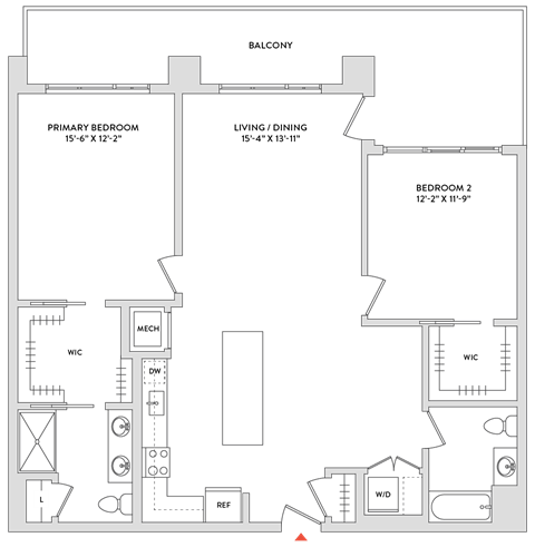 Floor plan for 2 beds, 2 baths, 1295 sqft