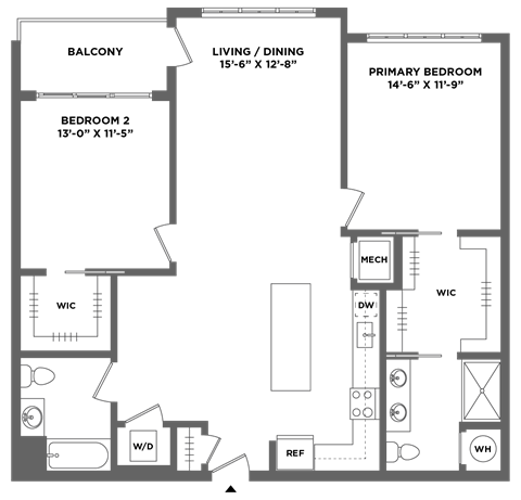 Floor plan for 2 beds, 2 baths, 1228 sqft