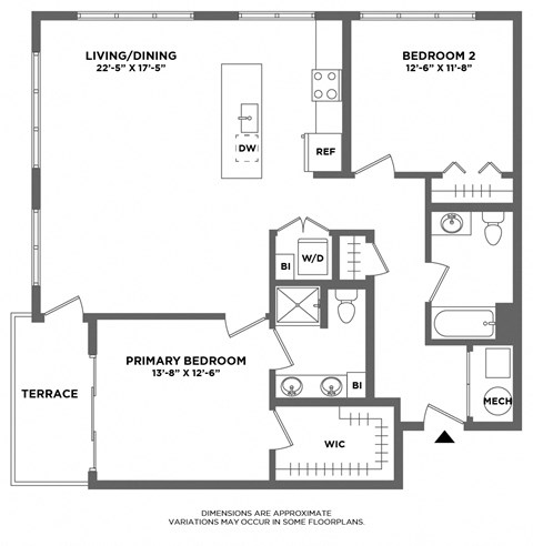 Floor plan for 2 beds, 2 baths, 1241 sqft