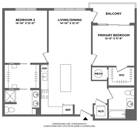 Floor plan for 2 beds, 2 baths, 1124 sqft