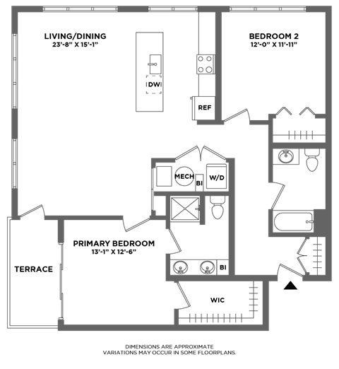 Floor plan for 2 beds, 2 baths, 1271 sqft
