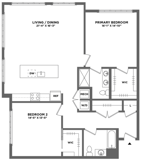 Floor plan for 2 beds, 2 baths, 1464 sqft