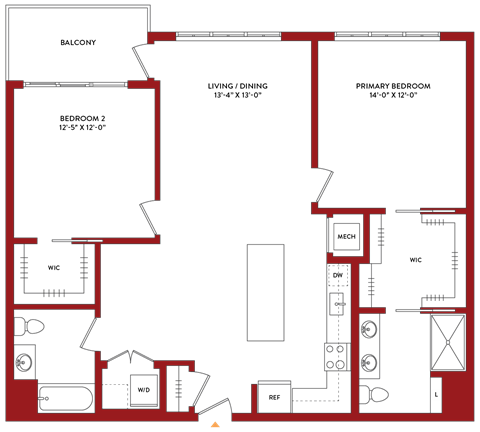 Floor plan for 2 beds, 2 baths, 1210 sqft
