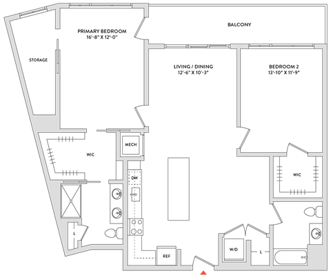 Floor plan for 2 beds, 2 baths, 1349 sqft